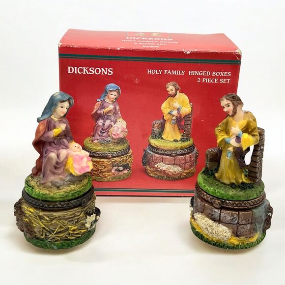 VTG Dicksons Holy Family Hinged Trinket Boxes 2pc Set 4” Mary Joseph Baby Jesus - Picture 1 of 15